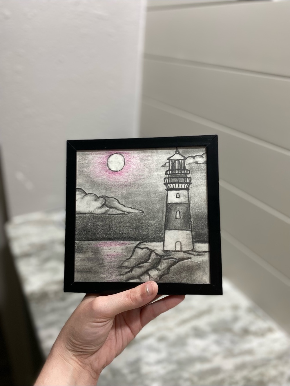 Framed Black and White Lighthouse Art